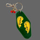 Keychain with green tag featuring yellow text 'Damn' and 'Fine' on a grey background